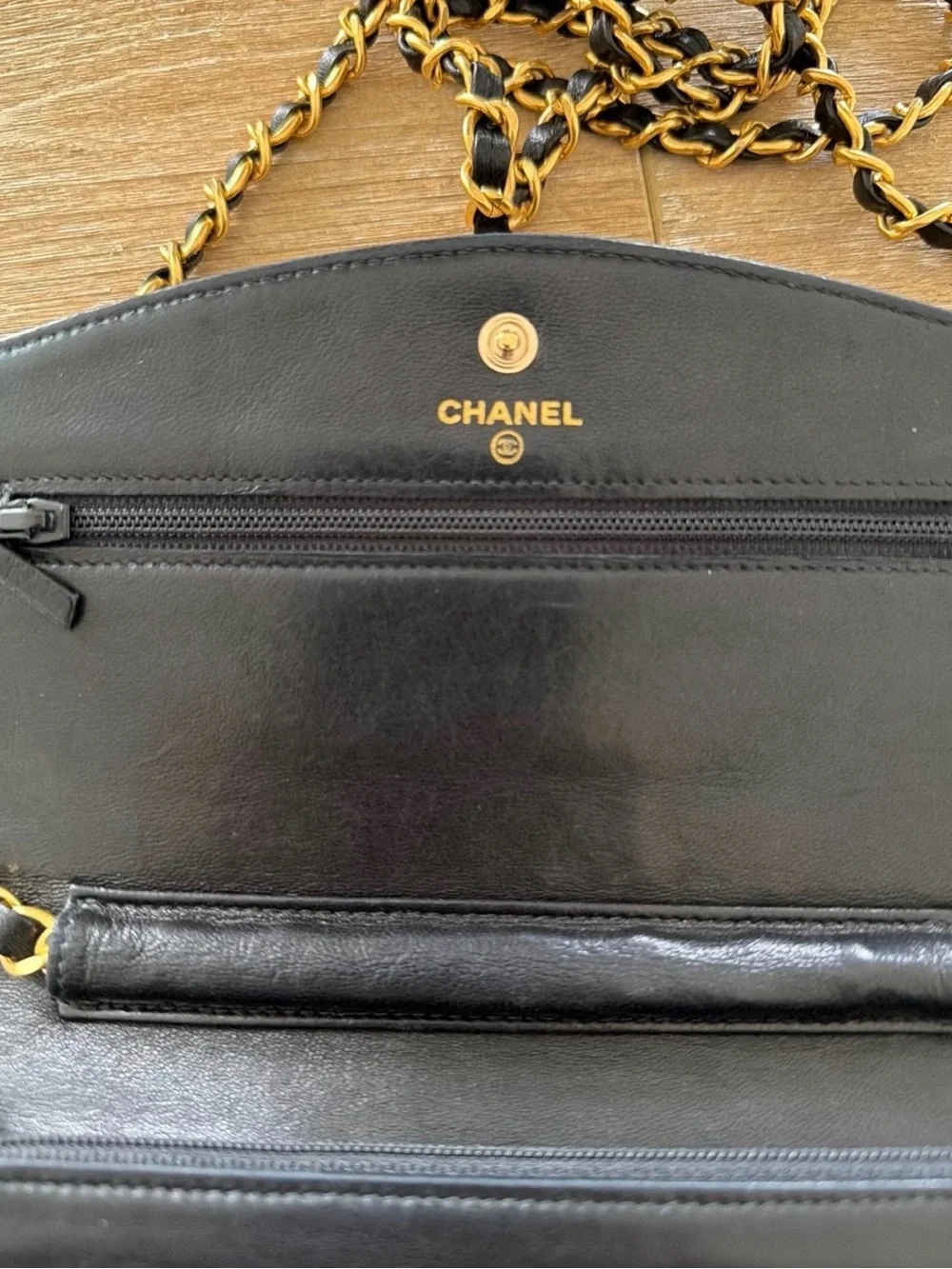 CHANEL Black Caviar Leather Flap Bag with Gold Chain WOC